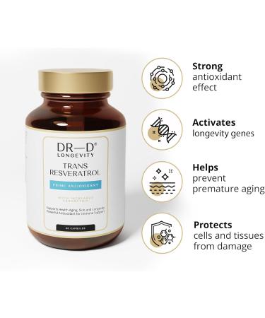  DR-D LONGEVITY DR-D Longevity Trans Resveratrol - 1000mg - Premium Antioxidant - 99% Pure Trans-Resveratrol - High Dosed - 60 Vegan Capsules - Buy Online on GoSupps.com