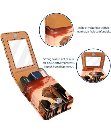Stylish Leather Lipstick Case Organizer with Mirror - Mini Lip Gloss Holder - African Grassland Elephant Design - Buy Online on GoSupps.com