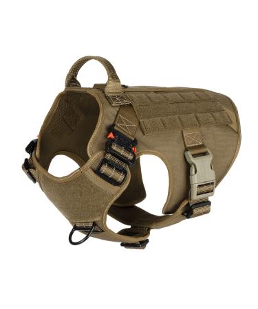 ICEFANG Tactical Dog Harness ,2X Metal Buckle,Working Dog MOLLE Vest with Handle,No Pulling Front Leash Clip,Hook and Loop Panel Large (Pack of 1) Reflective Brown