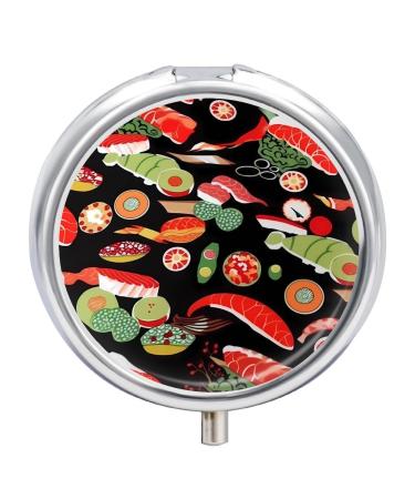 Pill Box Pill Case 3 Compartment Travel Pill Box Japanese Sushi Shrimp Printing Small Pill Box Portable Medicine Pill Case Pill Organizer for Purse & Pocket for Travel Handbag (Round)