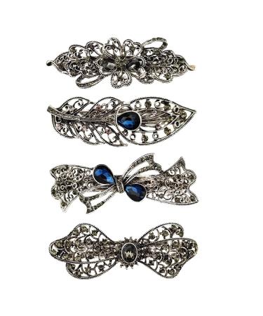 4PCS Vintage Hair Barrettes with French Clip and Sparkling Stones Metel Hair Clasps Retro Spring Hair Clips for Women 3.5 Length Elegant Hair Pins Hair Accessories for Thick and Medium Hair Styling Tools