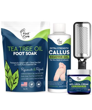 Foot Cure Foot Exfoliator & Callus Remover Pedicure Set  Foot Care Kit Includes Foot File for Dead Skin, Tea Tree Oil Foot Soak Salts, Urea Cream 40 Percent & Foot Callus Removal Gel  Made in USA