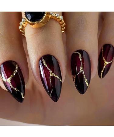 24Pcs Almond French Press on Nails Short Dark Red Glossy Acrylic French Tips Fake Nails Gold Shiny False Nails with Designs Stiletto Acrylic Full Cover Stick on Nails for Women and Girls