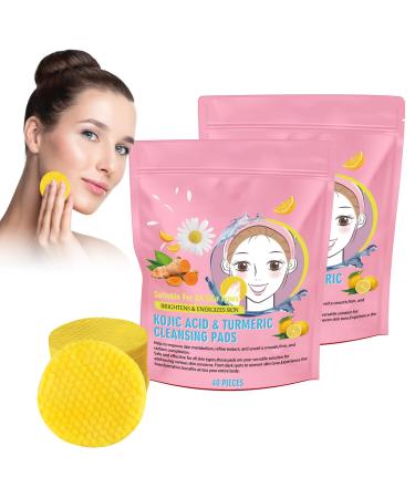 Tkekruh 2PC Cojic Acid and Turmeric Cleaning Swabs Turmeric Kojic Acid Cleansing Pads Exfoliating Sponges Evens Skin Tone Moisturizing Balancing Oil and Water Facial 40 Pieces