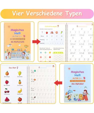 Qianshouyan 4-Piece German Magical Booklet Set | Reusable Handwriting Exercise Book with Pen for Kids | 26x18cm Calligraphy Numbers Drawing & Letters Learning - Buy Online on GoSupps.com