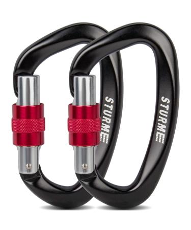STURME UIAA Certified Climbing Carabiner Clips 2 Pack 25KN(5623lbs) Screwgate Locking Carabiner Heavy Duty Caribeener Clips Large Carabiner D Ring for Rock Climbing & Mountaineering Black