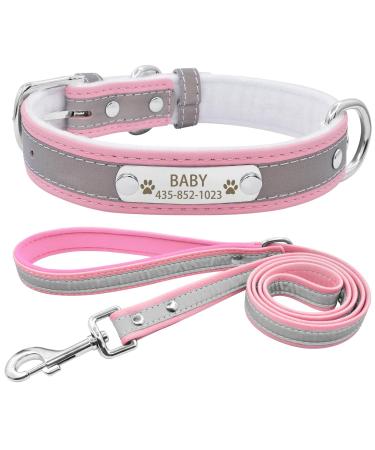 Senristar personalized reflective dog collar and leash set custom engraved warm food dog tape with name tape for small medium large dogs & cats XS (width 1.5 cm neck circumference 19-25 cm) pink set