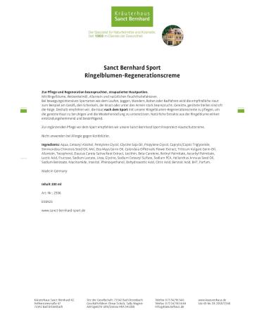 Sanct Bernhard Sport Ringleflower Regeneration Cream 200ml | Anti-Inflammatory & Soothing Full Body Cream | Natural Extracts | German Quality Tested | International Shipping Available - Buy Online on GoSupps.com