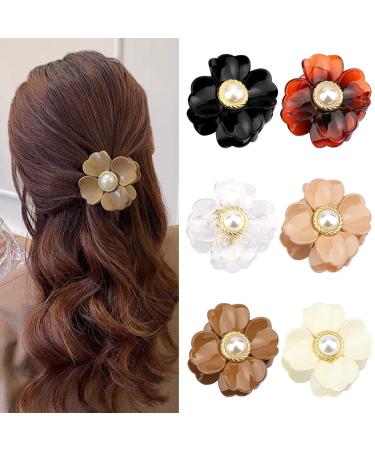 6PCS Flower Hair Clips Sweet Pearl Flower Hair Claw Clips 2.4 Inch Non Slip Strong Hold Hair Catch Barrettes 6 Colors Acrylic Jaw Clamps for Women Girls Medium Thick Hair