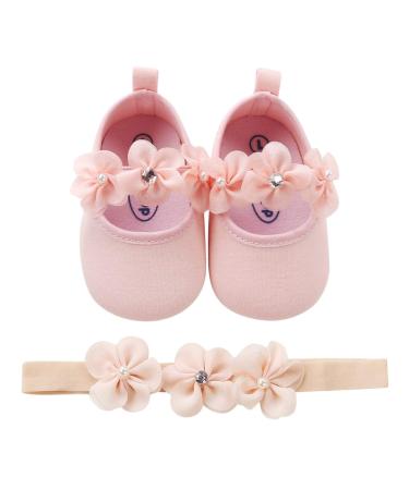 TMEOG 2 x Toddler Shoes + Headband Baby Girl Flower Shoes Non-Slip Soft Special Occasions Christening Wedding Party Shoes 0-6 Months A Pink
