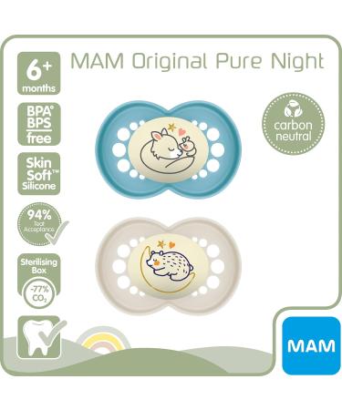 MAM Original Pure Night Soother 6+ Months (Set of 2) Sustainable and Bio-Renewable Baby Soother SkinSoft Silicone Teat Glow in the Dark Soother Blue/Cream (Designs May Vary) - Buy Online on GoSupps.com