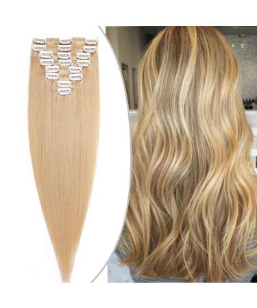 Clip In Extensions Human Hair Natural Blonde #24 - Real Remy Human Hair Extensions 8 Wefts 18 Clips Hair Extension 80g - 50cm
