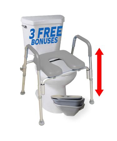 The Ultimate™ Raised Toilet Seat, Voted#1 Most Comfortable. Padded with Armrests. Adjustable Height. Premium Elevated Toilet Seat with Arms for Standard and Elongated Toilets. Gray