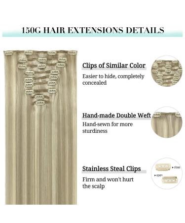 Doores Real Hair Extensions Clip - Ash Blonde Highlights 60cm (24 Inch) 150g Remy Human Hair 9 Pieces Natural Clip-In Hair Extensions - Buy Online on GoSupps.com