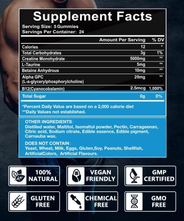 Creatine Monohydrate Gummies - 5000mg Sugar Free Vegan with Taurine & B12 - 120 Ct Mixed Berry Flavor for Men & Women - International Shipping Available - Buy Online on GoSupps.com