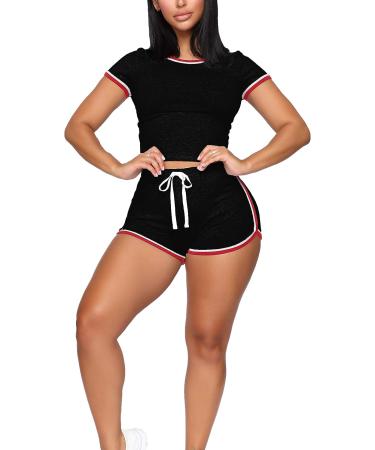 WIHOLL Women's Casual 2 Piece Short Sleeve Outfits Set - Black XL - Buy Online on GoSupps.com