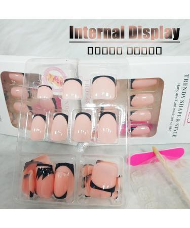 48Pcs Black French Tips Press On Nails & Toes - Glossy Nude Medium Acrylic Fake Nails for Coquette Women | Manicure Art Gel Glue Included - Buy Online on GoSupps.com