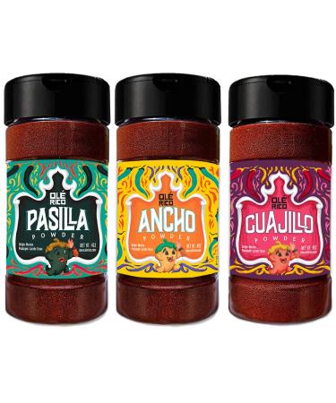 OL RICO Chile Powder 3 Pack Bundle (12 oz Total) Includes: Guajillo Chili Powder, Ancho Chili Powder Spice, and Pasilla Chili Powder - The Holy Trinity of Chiles - Great Mexican Spices Packaged In Reusable Shakers