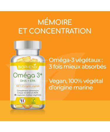 Bioph nix Omega 3+ 45 Vegetable Soft Capsules - Vegan 100% Marine Derived Plant - Omega-3 DHA & Omega-3 EPA - Memory Concentration - Buy Online on GoSupps.com
