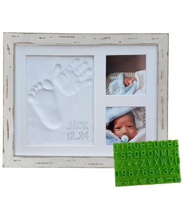 Farmhouse Baby Handprint & Footprint Picture Frame Kit - Rustic 9" x 11" Distressed Wood Photo Frame & Clay Keepsake for Newborns. Bonus Stencil for Personalized Registry, New Mom or Shower Gift