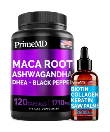 4-in-1 Liquid Biotin Collagen Keratin Saw Palmetto Drops (2 fl oz - 1 Pack) & 6-in-1 Maca Root Ashwagandha w Black Pepper Fruit (120ct) Bundle - Hair Skin Nails Energy & Mood Support Supplement