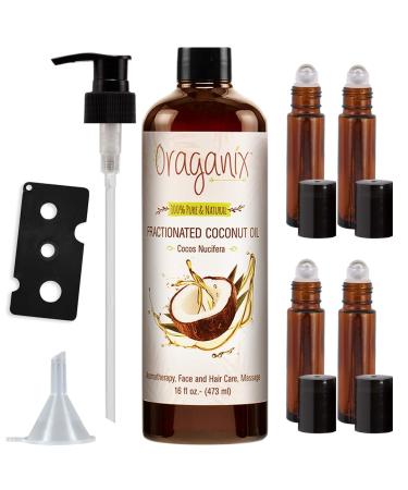Oraganix Fractionated Coconut Oil with Roller Bottles - 100% Pure Natural 16 Oz Coconut Oil, 10ml Essential Oil Roller Bottles, Caps, Funnel and Bottle Opener - for Massage Oil, Skin and Hair Care