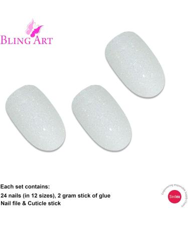 Bling Art Oval False Nails Gel Glossy Glitter French Manicure Fake Medium Tips with Glue (Pearl White Gel) - Buy Online on GoSupps.com