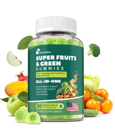 61-in-1 Supergreens Daily Gummies for Women and Men Multivitamin Superfood Gummy with Probiotics for Metabolic Energy and Digestive Health Sugar Free Green Apple Flavor 60 Count