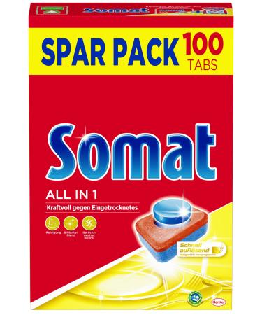 Somat all in 1 dishwashers tabs (100 tabs) dishwasher flushing tabs for radiant cleanliness even at low temperatures powerful against dried 1 piece (1 Pack)