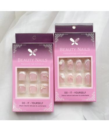 Buy 48Pcs French Tip Press On Nails & Short Fake Toe Nails Set | Square Nails with Bow Flower & Heart Designs - 3D Butterfly White French Toenails for Women & Girls - Perfect Nude Pink Glue-On Nails - Buy Online on GoSupps.com