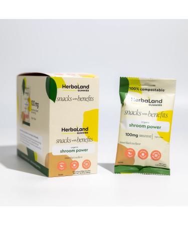 Herbaland Shroom Power Gummies Snacks with Benefits Vegan Low-sugar High-fiber Gluten-free 100mg of 7 Organic Mushroom Blend & 12g of Organic Tapioca Fiber Per Pouch Lemon Black Tea Flavor 12 x 40g (Box of 12) Compostable Pouch