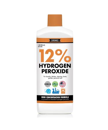 Chromex Hydrogen Peroxide 12 Percent Food Grade 4x Power Concentrated Solution Versatile Uses include Topical Care Home Kitchen Bath Cleaner Laundry Whitening Quart