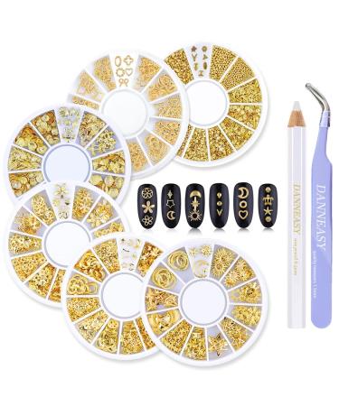 DANNEASY Gold Nail Studs Metal Nail Charms 3d Nail Art Charms Manicure Decoration Kit Star Moon Shell Cross Flower Nail Jewels with 1pc Curved Tweezers, Wax Pen (6 Wheels) gold nail charms