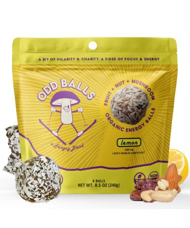 ODD BALLS Organic Energy Balls Lemon - Superfood Mushroom Snack - Running Cycling Hiking - Gels Bars Alternative - Lion's Mane Focus Cordyceps Energy - Vegan Gluten Free Snacks for Kids & Adults