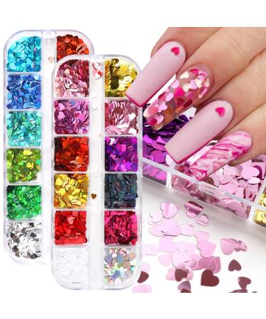 Macute Heart Nail Glitter Sequins Set of 24 Colors Holographic Heart Nail Confetti 3D Laser Heart Shape Nail Decals Flakes Ultra-Thin Nail Accessory Glitters Heart for Acrylic Nail Art Decor Charms