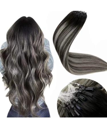 Laavoo micro loop extensions real hair 60cm balayage real hair extensions microrings black ombre silver remy hair recovery real hair microrings 50g 1g/s/b 60 cm 3.24micro #1b/s/1b