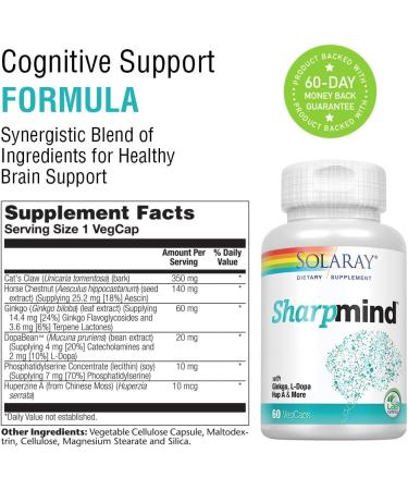 Solaray SharpMind Cognitive Support Formula with Ginkgo Leaf, L-Dopa, Huperzine A & More | 60 VegCaps for Brain Health, Mood & Memory Support - Buy Online on GoSupps.com