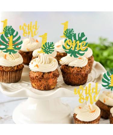 Jungle Safari Monstera Leaf One Cupcake Toppers Wild One Toppers Gold Green Glitter 1st Birthday Party Decoration - Buy Online on GoSupps.com