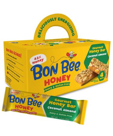BON BEE Honey Bunchies All Natural Honey Bar - Natural Breakfast & Nutrition Bars for Healthy Energy & Fuel - Variety of Delicious Highlights & Perfectly Balanced 4-1.4oz Bars Coconut Almond 4 Bars