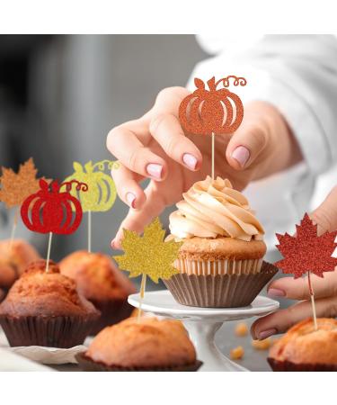 Festive Fall Cupcake Toppers Set - 18-Piece Glitter Maple Leaf and Pumpkin Cake Decorations for Thanksgiving and Autumn Harvest Celebrations - Golden Orange and Red Toppers for Cake and Cupcakes - Buy Online on GoSupps.com