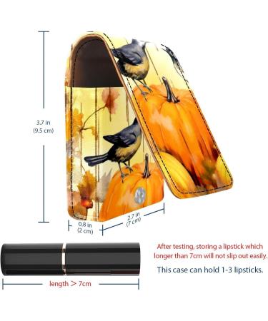 Lipstick Case - Stylish Leather Lip Gloss Organizer with Mirror | Mini Holder for Travel - Autumn Flowers & Pumpkins Design - Buy Online on GoSupps.com