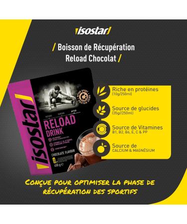 Isostar Reload Drink Chocolate - Protein Recovery Drink Powder - After Sport - Source of Carbohydrates Calcium Magnesium Vitamins - 1 Resealable Sachet 450 g - Buy Online on GoSupps.com