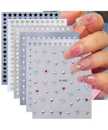 Star Nail Art Stickers 6 Sheets 3D Shiny Star Nail Decals Gold Silver White Black Stars Design Acrylic Nail Charms for Nail Art Supplies Glitter Gold Nail Sticker for Nail Tips DIY Manicure Decor 3D Star Nail Decals-8
