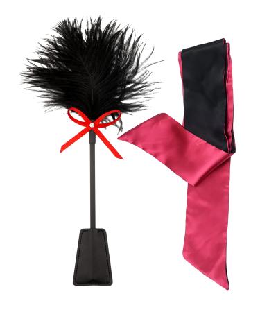 Feather Tickler Blindfold Eye Mask Set - Eye Satin Eye Mask - Feather Tickler - French Tickler Blindfold Mask - Black Whip Tickler