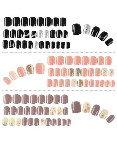 90pcs Short Full Cover Press on Fake Nails - Removable Square Design in Pink, Black, Brown Solid Colors - 12 Sizes for Nail Art, Salons, Home DIY - Buy Online on GoSupps.com