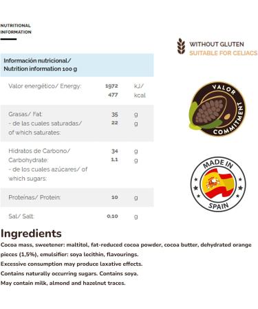 CHOCOLATES VALOR Dark Chocolate 70% Cocoa with Orange Pieces without Added Sugar/Gluten 100 g - Buy Online on GoSupps.com