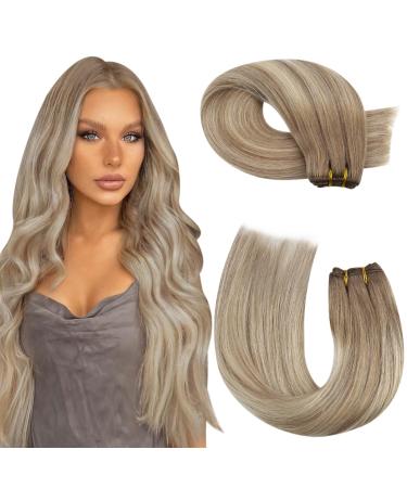 Moresoo Weft Hair Extensions Real Human Hair Balayage Sew in Hair Extensions Brown Root to Platinum Blonde with Light Brown Human Hair Extensions Weft 20 Inch 100g #8/22/8 20 Inch(Pack of 1) WEFT #8/22/8