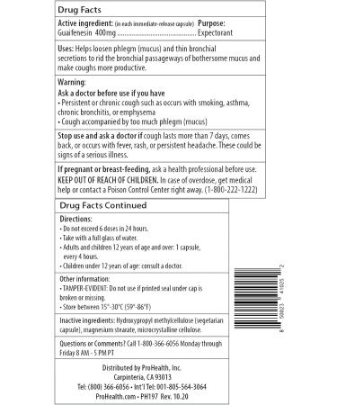 ProHealth Guaifenesin FA 400mg Veggie Capsules - Fast-Acting Expectorant for Mucus Relief - Buy Online on GoSupps.com