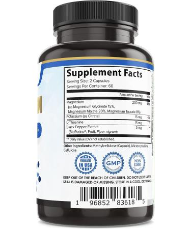 Organic Magnesium Glycinate with L-Theanine, Potassium & Black Pepper | Ultra High Absorption | 120ct - Buy Online on GoSupps.com