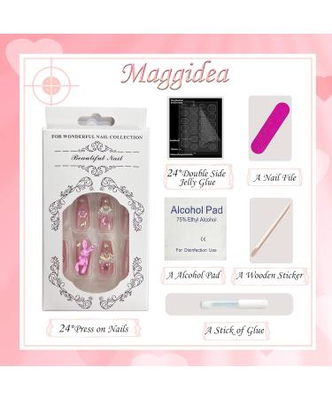 24pcs Long Coffin Acrylic Stick on Nails - Nude Pink Black Design with Glue Sticker | Fashion Fake Nails for Women and Girls - Rabbit Theme - Buy Online on GoSupps.com